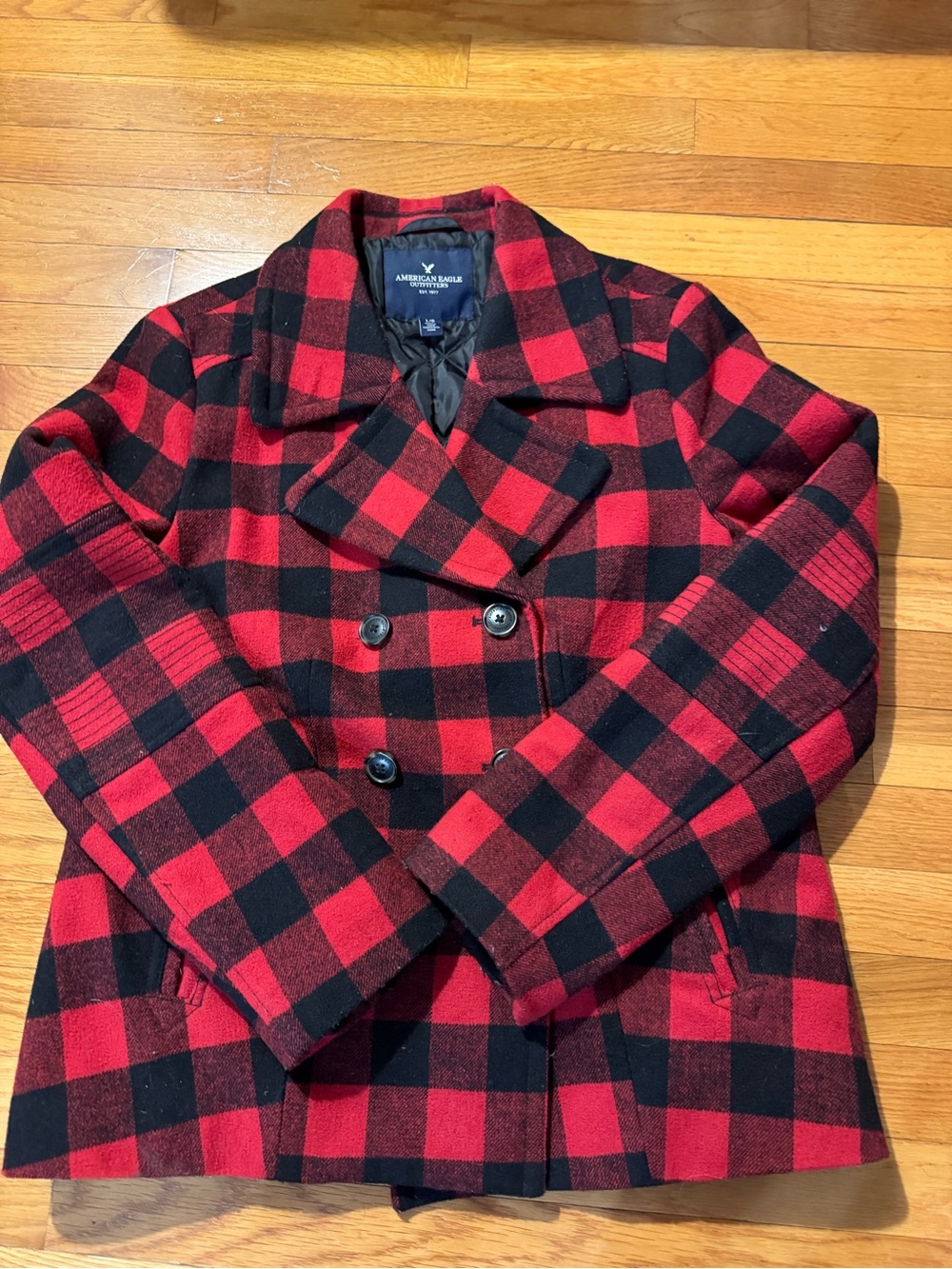 American Eagle Outfitters Red & Black Buffalo Plaid Pea Coat